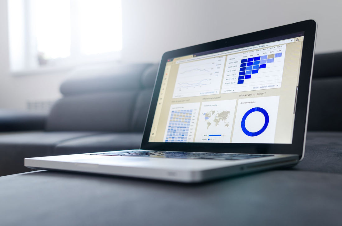 Laptop screen with traffic and ranking graphs, the growth curve an SEO budget is buying